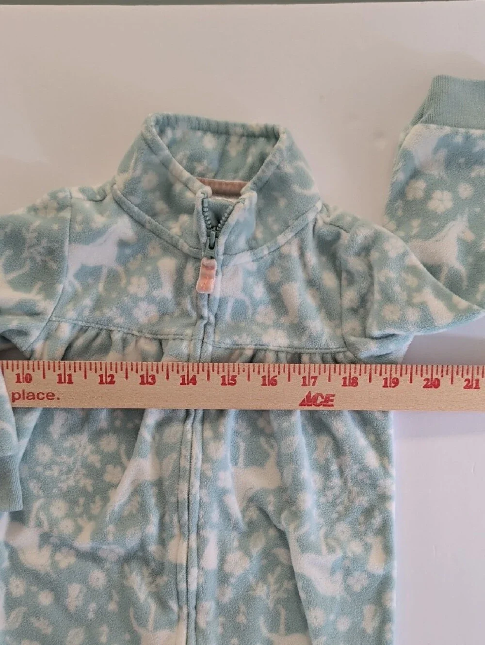 Carter's Fleece One-Piece Romper in Light Blue with White Unicorn Print